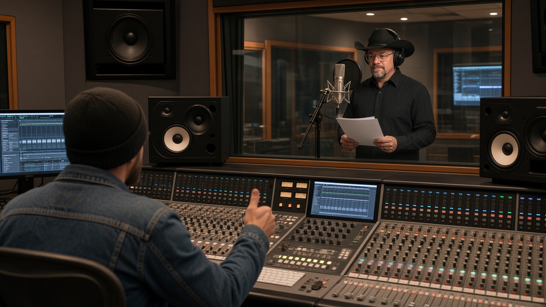 Chad Sanders recording in a studio booth with headphones, producer visible
